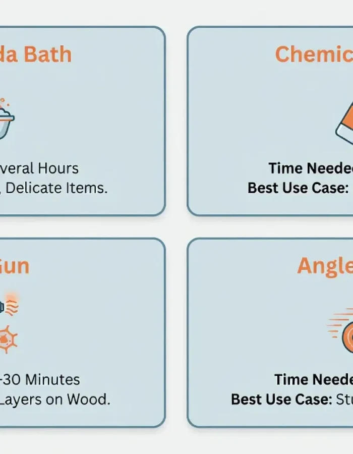 A side-by-side look at the four main methods to remove paint from metal, compared by time and best use case.