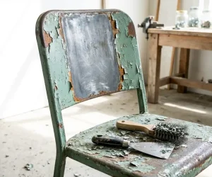 How to remove paint from metal chair using a wire brush and scraper, showing bare steel after paint removal