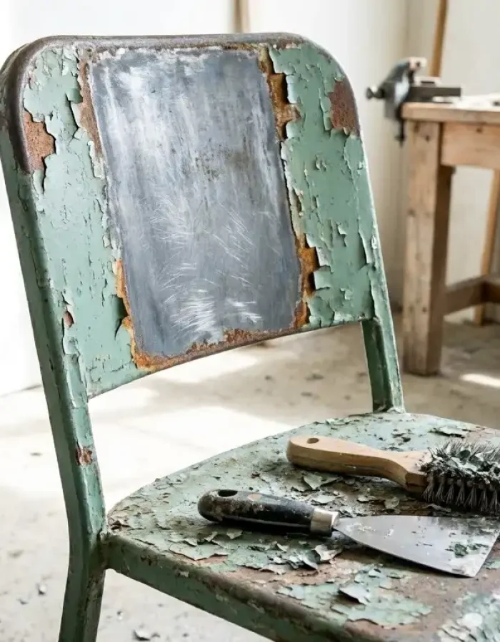 A wire brush and scraper strip old paint from a metal chair, revealing the bare steel underneath.