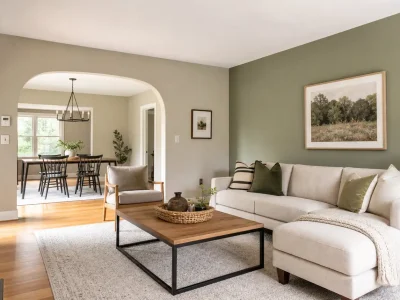 Living room showing interior wall paint colours, with a sage green accent wall, greige walls, cream sofa and an arched doorway to the dining room