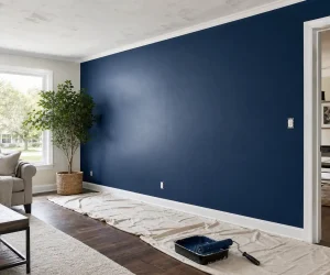 Is Repainting the Ceiling Really Necessary When Repainting Walls? Living room with navy blue wall freshly painted, ceiling still bare.