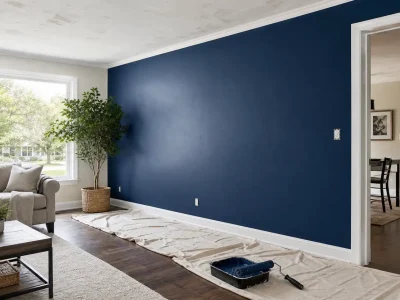 Is Repainting the Ceiling Really Necessary When Repainting Walls? Living room with navy blue wall freshly painted, ceiling still bare.