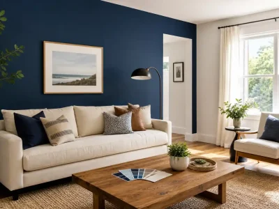Living room with a navy blue accent wall, cream sofa, and wood coffee table, a perfect example of modern wall painting ideas for a home makeover