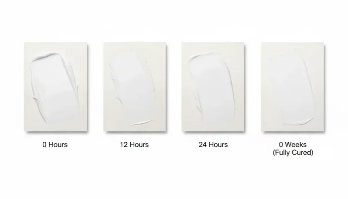 Four white paint sample boards showing oil paint drying stages from wet at 0 hours to fully cured at 6 weeks with progression at 12 and 24 hours.