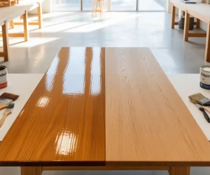 Polycrylic vs polyurethane finish comparison: Notice how oil-based polyurethane adds an amber tone (left), while water-based options stay clear (center and right) on natural wood.