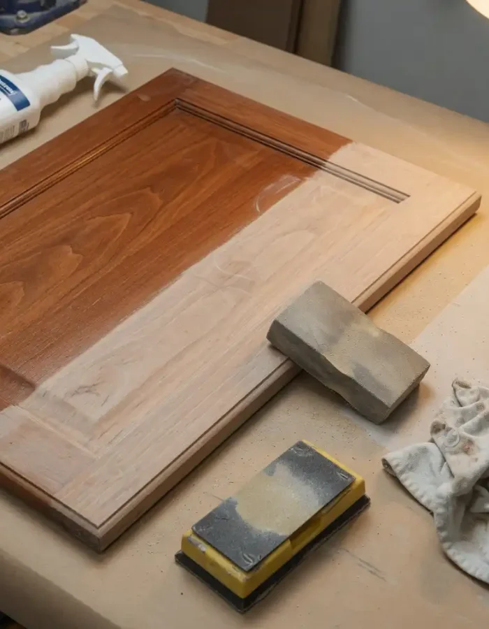 Proper preparation of stained wood using cleaning, sanding, and stain-blocking primer before painting.