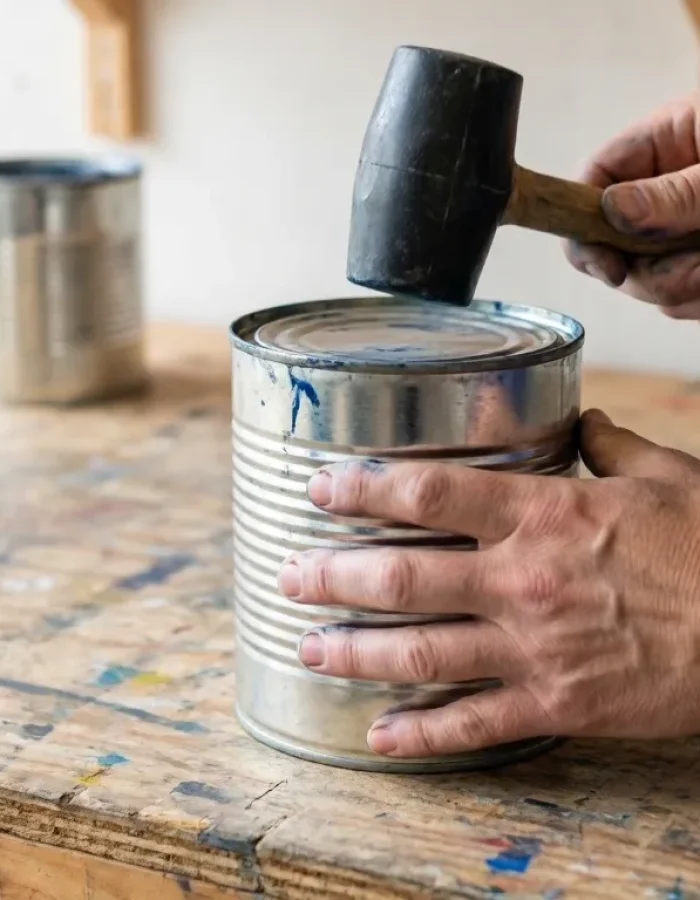 Tapping the lid down with a rubber mallet creates an airtight seal, one of the easiest ways to extend paint shelf life.