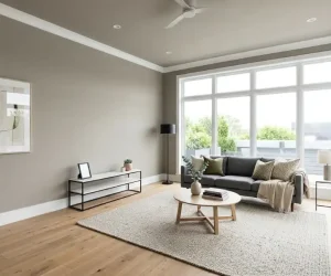 Should the ceiling and walls be the same color — modern living room with matching warm greige walls and ceiling, white trim, and natural light.