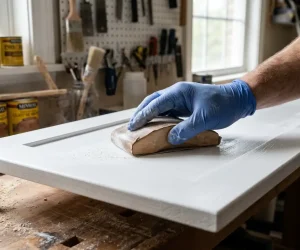 Should you sand between coats of paint — gloved hand using a sanding block on a white cabinet door before the next coat