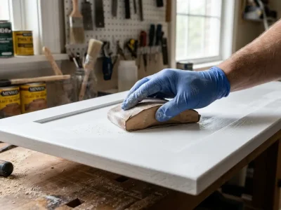 Should you sand between coats of paint — gloved hand using a sanding block on a white cabinet door before the next coat