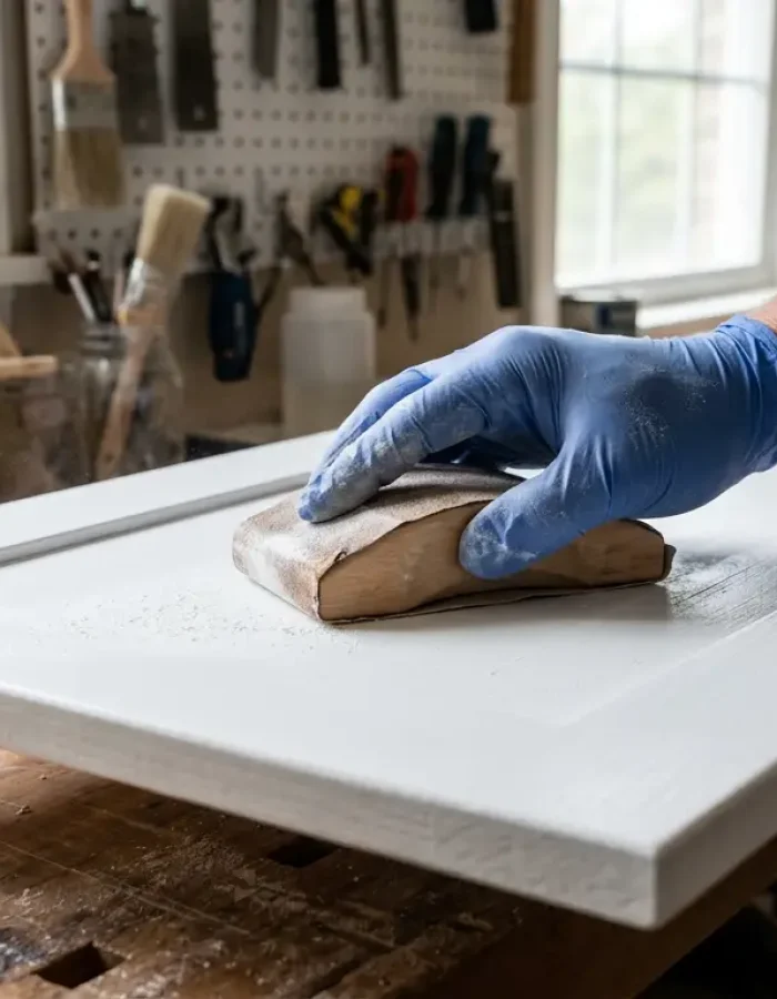 Light sanding with a fine-grit sanding block smooths this cabinet door before the next coat of paint.