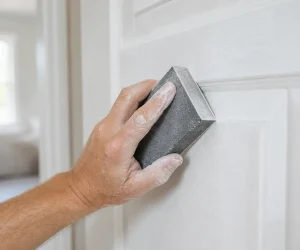 Hand sanding a white painted door panel with a sponge, showing should you sand between coats of paint for a smooth finish.