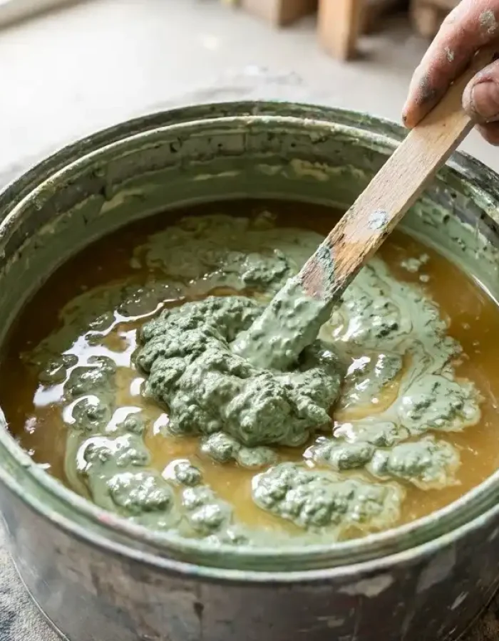 Old paint showing clear signs of spoilage, thick clumps and separated liquid that won't blend back together after stirring.