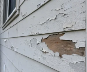 Close-up of peeling paint and exposed bare wood siding, one of the clearest signs that exterior painting is needed before damage spreads.