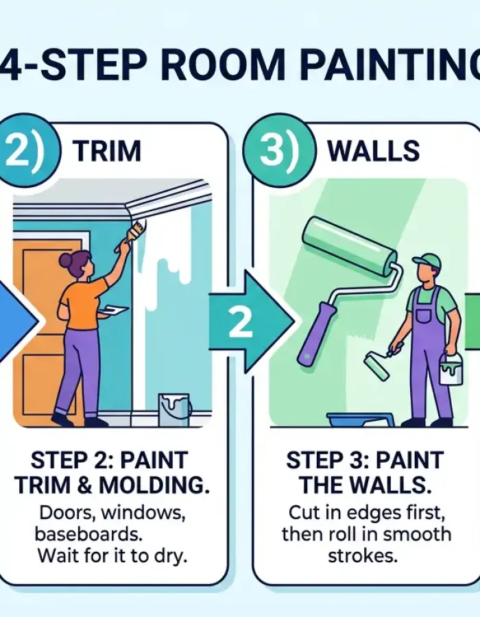 Professional painters follow this exact order: ceiling, trim, walls, then touch ups. Skipping a step is the fastest way to end up with lap marks and messy edges.
