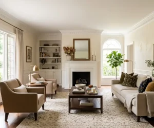 Types of crown molding in an elegant living room with white dentil crown molding, fireplace, and neutral interior design