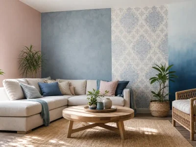 Living room showcasing different types of wall painting: smooth pink, textured blue, stencil pattern and blue ombre walls with a sofa and plants