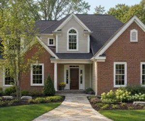 Two-story brick and beige siding house with dark gray roof and white trim, a real example when deciding what color should I paint my house exterior.