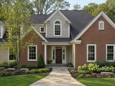 Two-story brick and beige siding house with dark gray roof and white trim, a real example when deciding what color should I paint my house exterior.