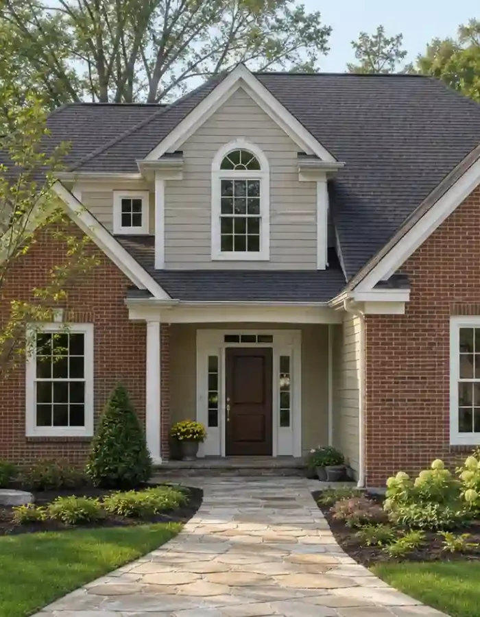 A classic red brick and warm beige combination with white trim and a charcoal roof — a timeless pairing that works with almost any landscaping.