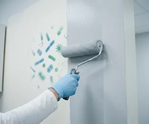 What is antimicrobial paint shown as a gloved painter applying bacteria-resistant wall coating in a clean interior space
