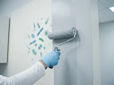What is antimicrobial paint shown as a gloved painter applying bacteria-resistant wall coating in a clean interior space
