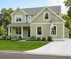 What is the best exterior paint shown on a freshly painted sage green suburban house with a painter on a ladder applying exterior paint in natural sunlight