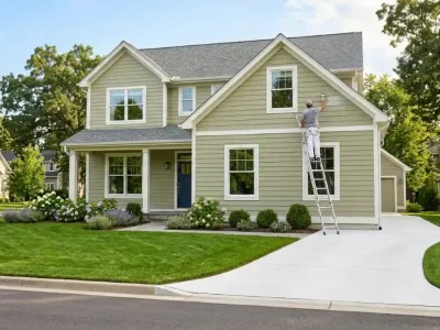 What is the best exterior paint shown on a freshly painted sage green suburban house with a painter on a ladder applying exterior paint in natural sunlight