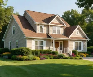 What paint goes with a brown roof — beige siding with white trim and brown asphalt shingles on a two-story craftsman home with green landscaping