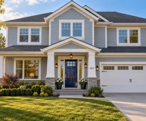 Two-story gray house exterior showing what sheen for exterior paint looks like, with satin siding, semi-gloss trim, and a glossy navy front door
