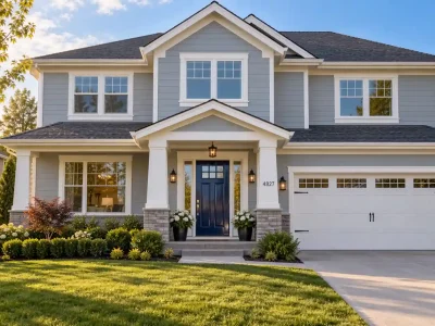 Two-story gray house exterior showing what sheen for exterior paint looks like, with satin siding, semi-gloss trim, and a glossy navy front door