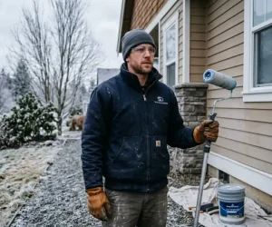 Professional painter holding a roller outside a house in freezing cold weather wondering when is it too cold to paint outside
