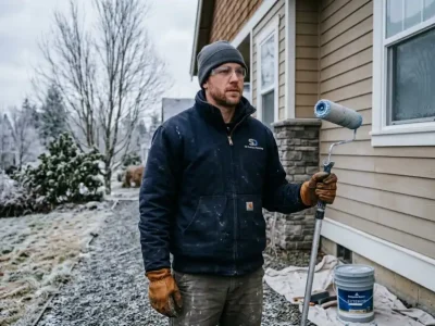 Professional painter holding a roller outside a house in freezing cold weather wondering when is it too cold to paint outside