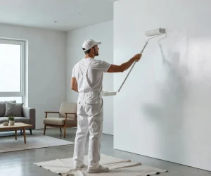 A professional painter wearing white clothes and white overalls rolling white paint on an interior wall — why do painters wear white clothes explained